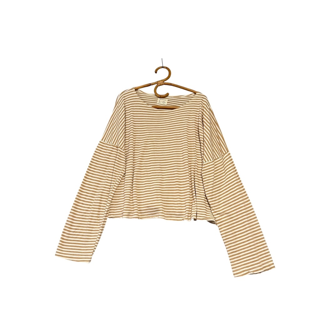 Bohème | Long Sleeve Top Tan Cream Striped Organic Cotton L/XL Made in Canada